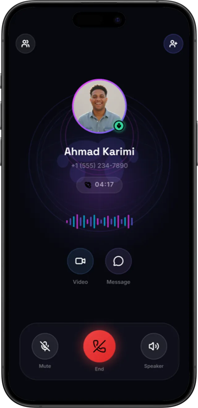 Voice call screen with video, message, mute, speaker and end buttons