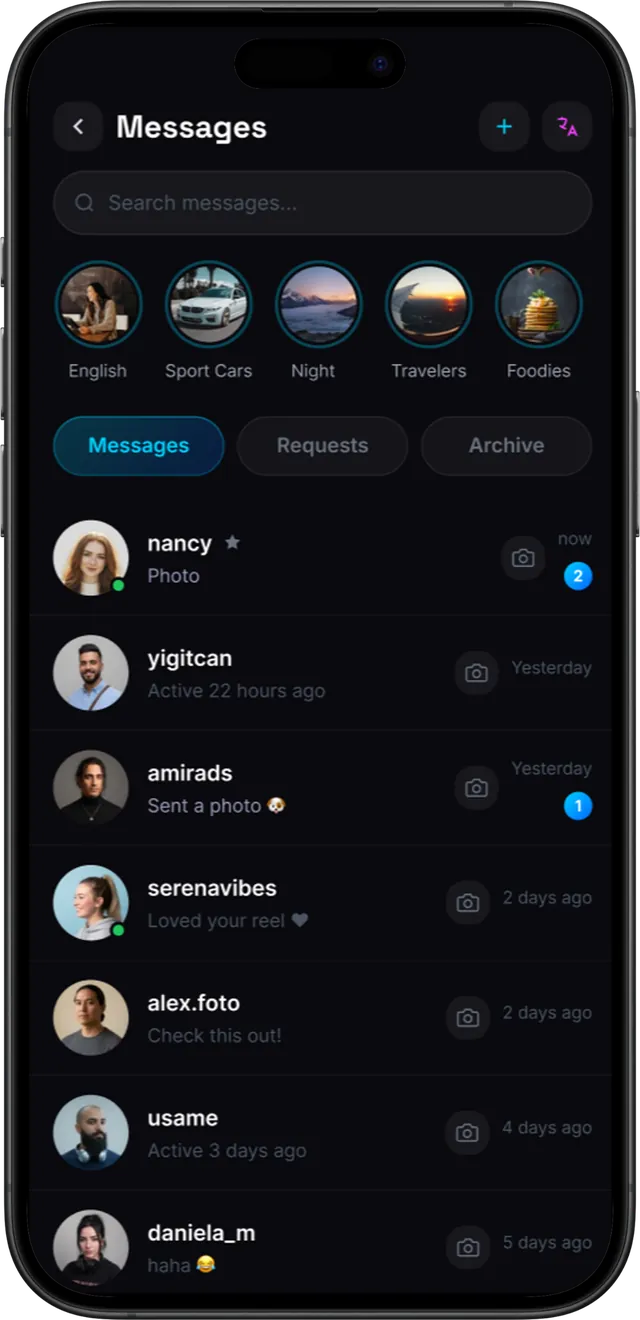 Messages inbox with group chats, requests, archive and a translate button