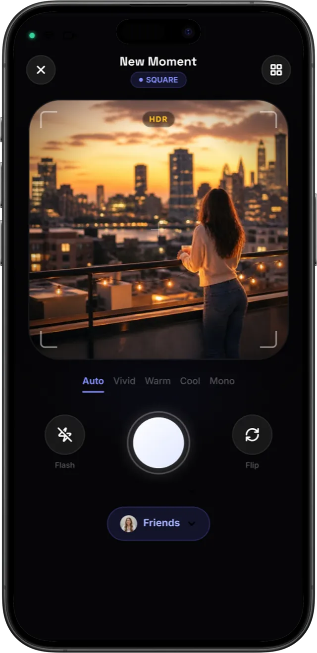 New Moment camera with filters Auto, Vivid, Warm, Cool and Mono and a Friends audience picker