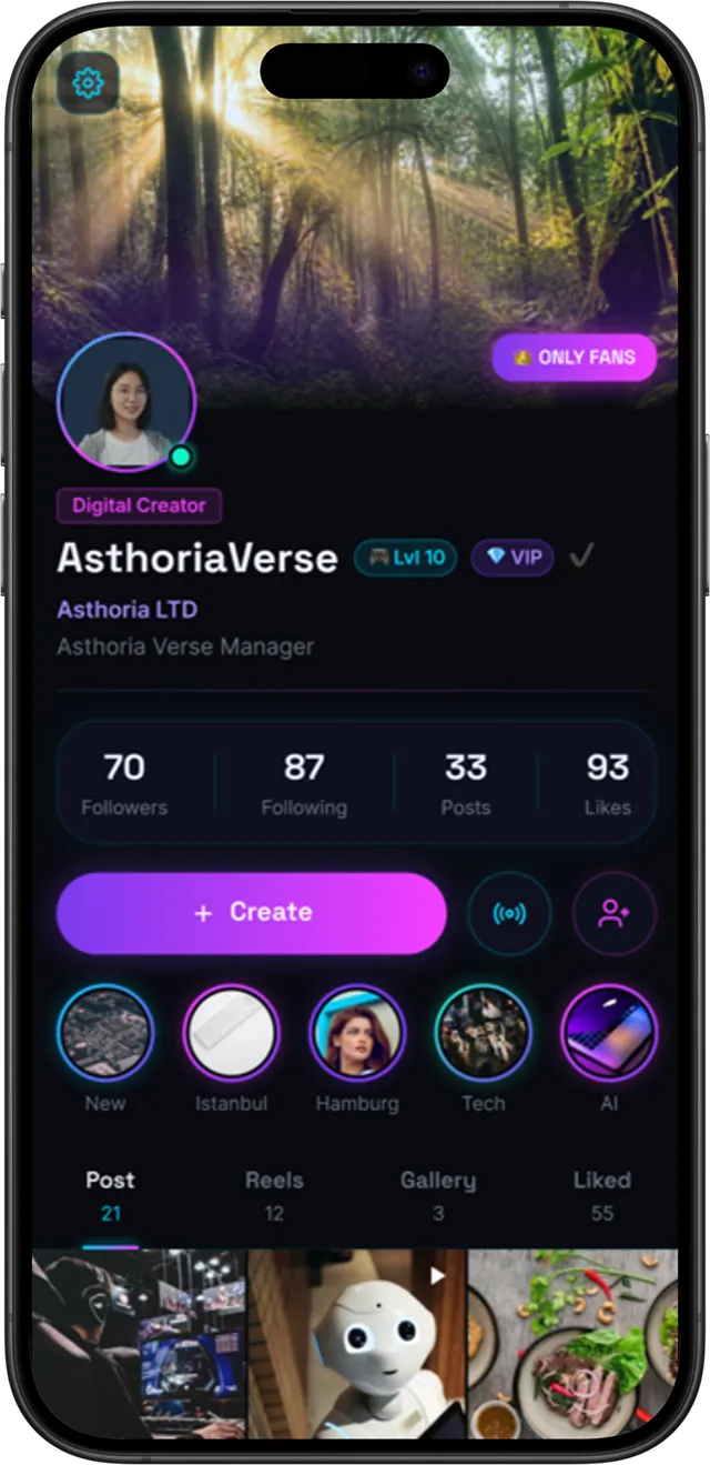 Creator profile with level, VIP badge, followers, highlights and a Create button