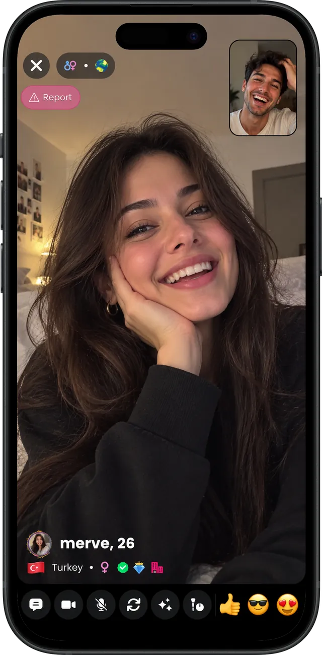 Random video chat with a new person from Turkey, a report button and quick reactions