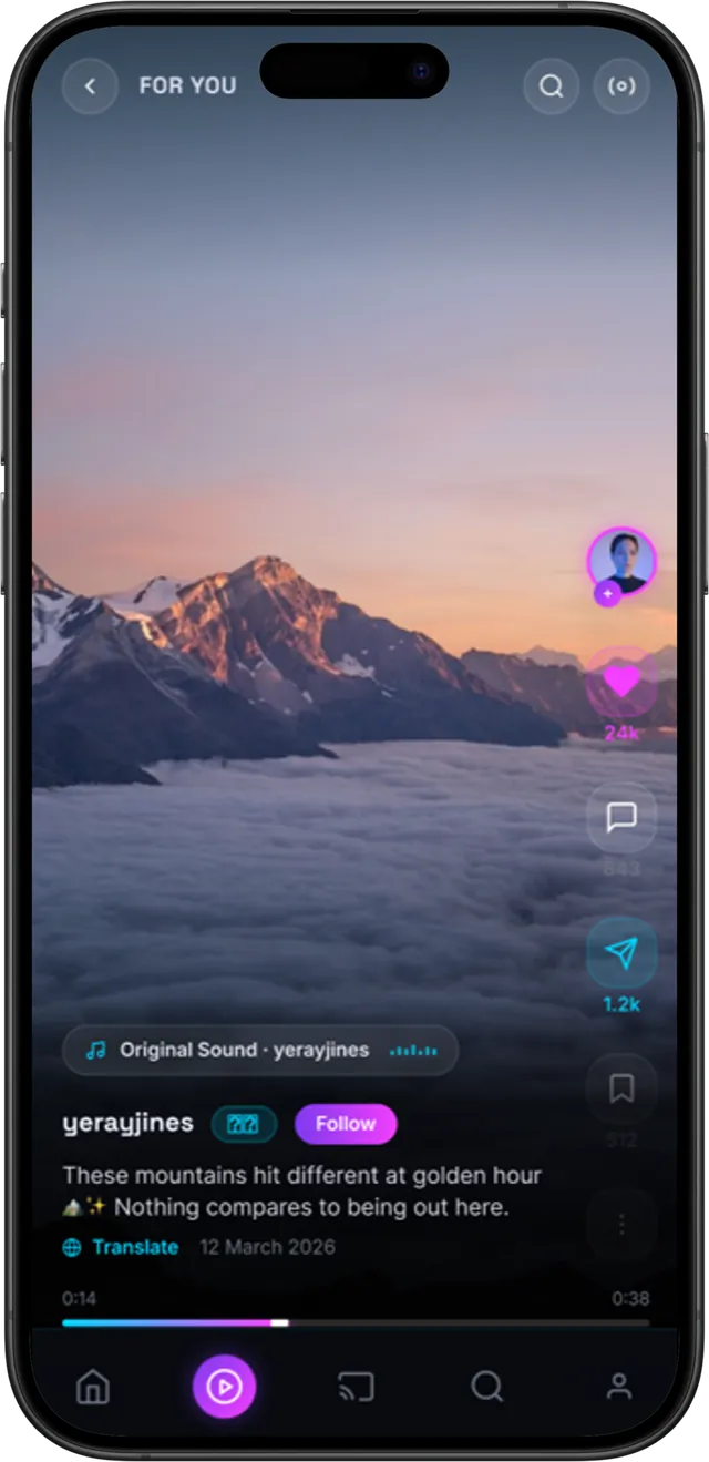 Reels screen with a full-screen video of mountains above the clouds
